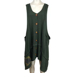 BLUEFISH - WOMEN'S L/XL GREEN SLEEVELESS BUTTON COTTON BLEND BOHO TUNIC VEST